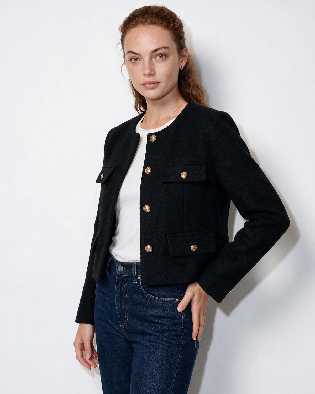 Collarless Four-Pocket Cropped Jacket