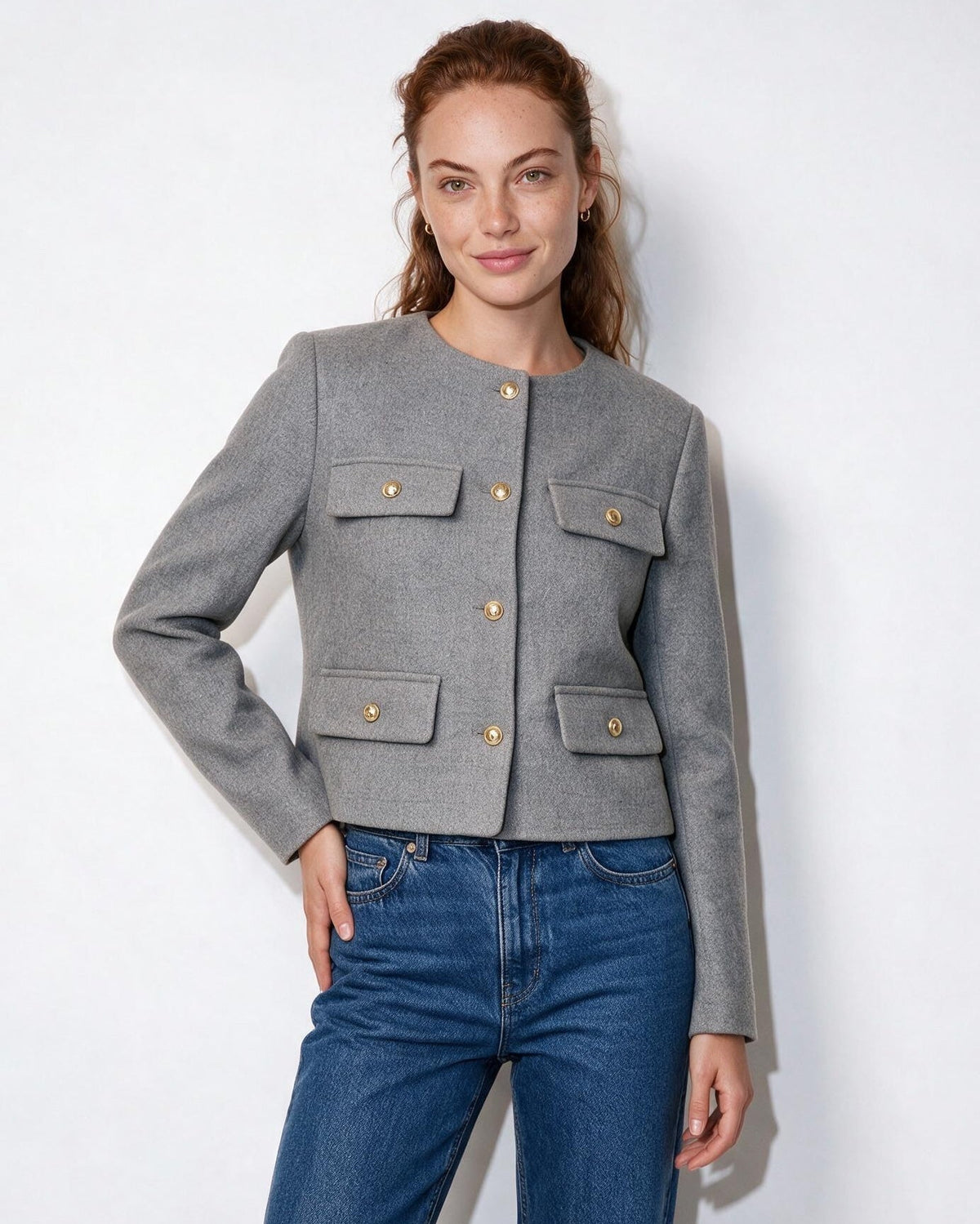 Collarless Four-Pocket Cropped Jacket