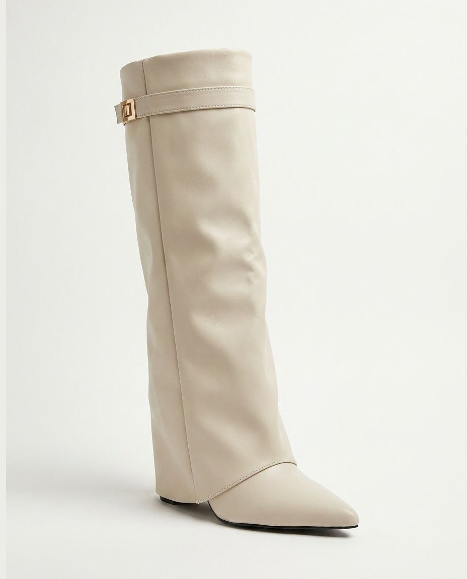 Buckle Strap Fold-Over Knee-High Boots