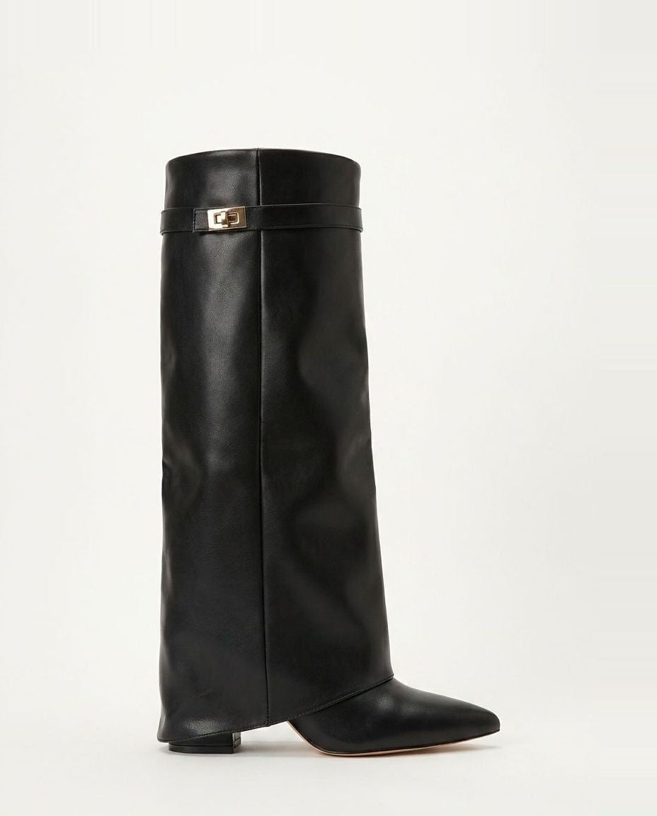 Buckle Strap Fold-Over Knee-High Boots