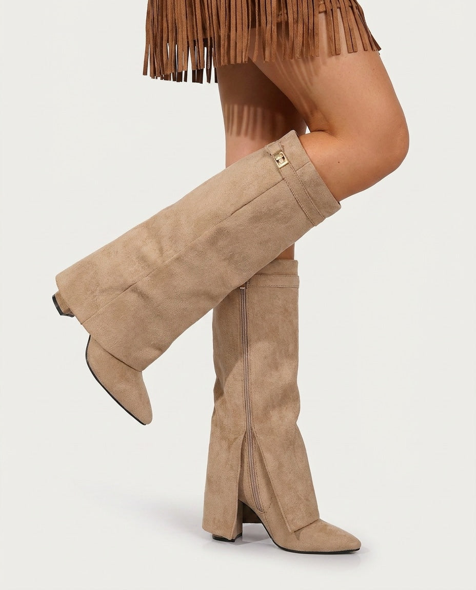 Buckle Strap Fold-Over Knee-High Boots