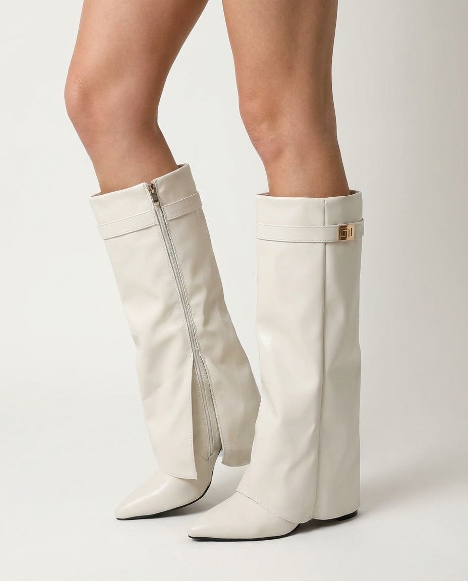 Buckle Strap Fold-Over Knee-High Boots