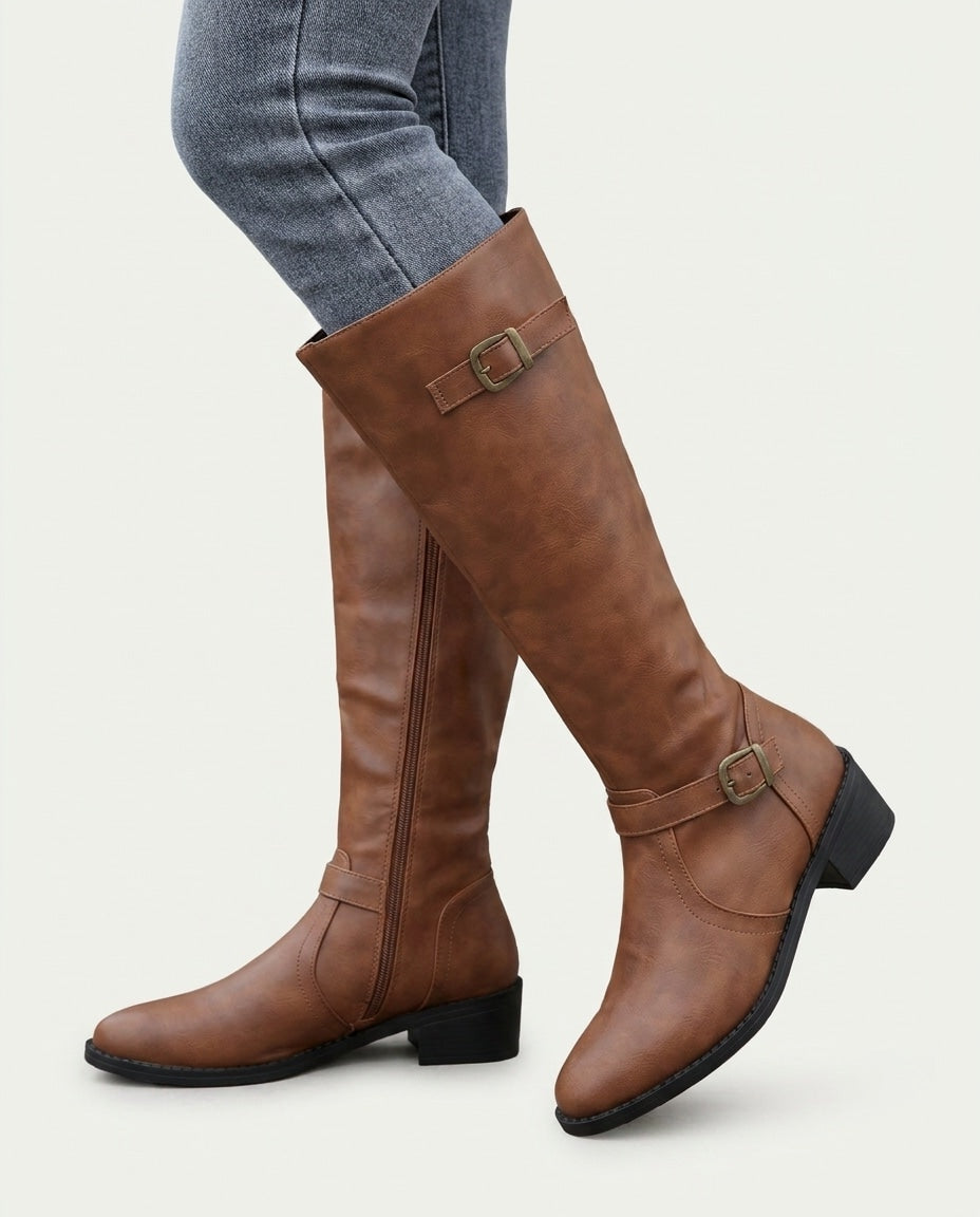 Double Buckle Knee-High Boots