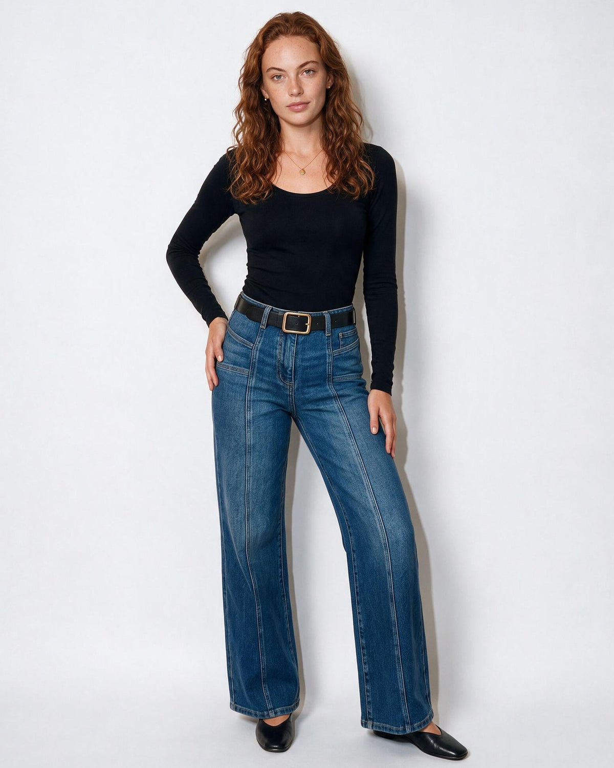 High-Waist Seamed Wide-Leg Jean-Style Trousers