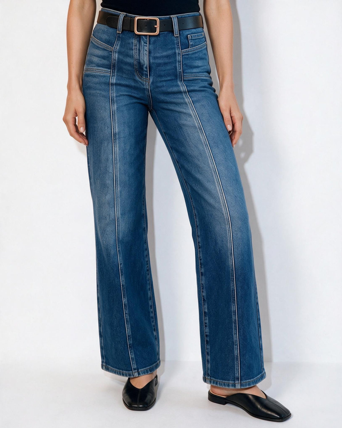 High-Waist Seamed Wide-Leg Jean-Style Trousers