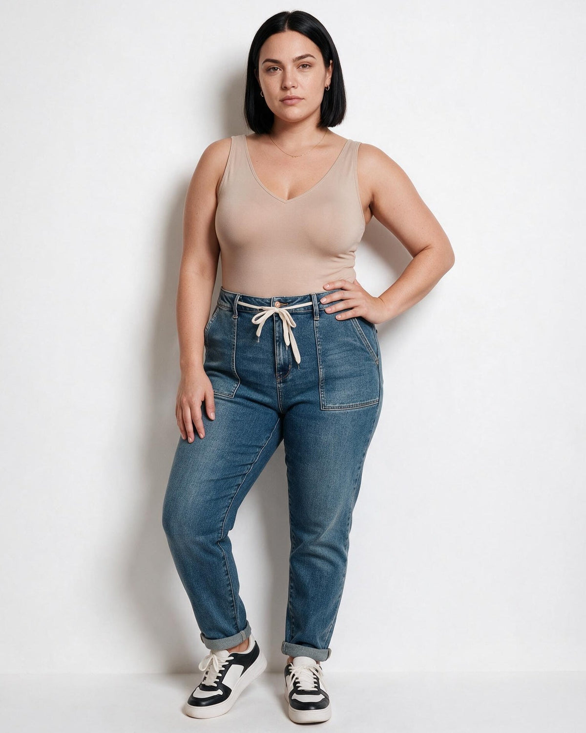Cotton Drawstring Plus Size Tapered Jeans
