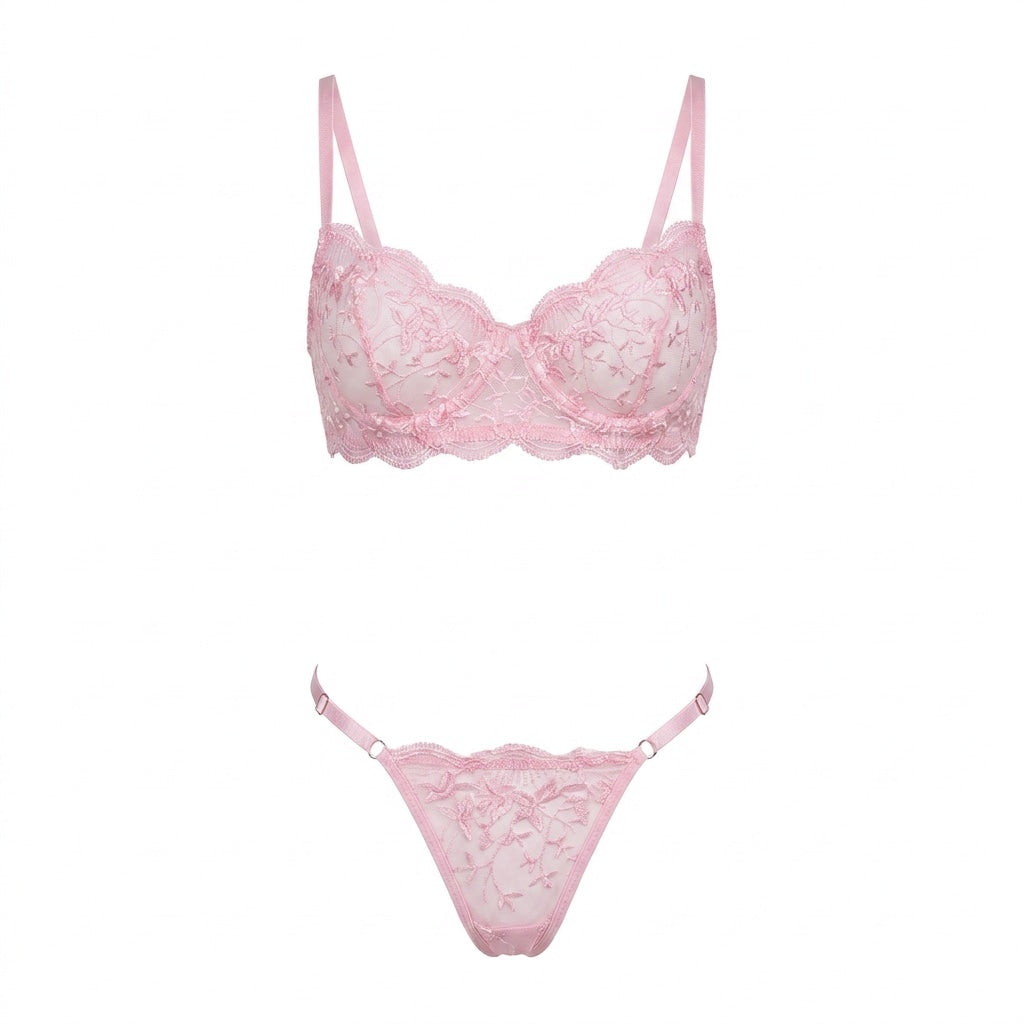 Sheer Floral Lace Balconette Bra Set