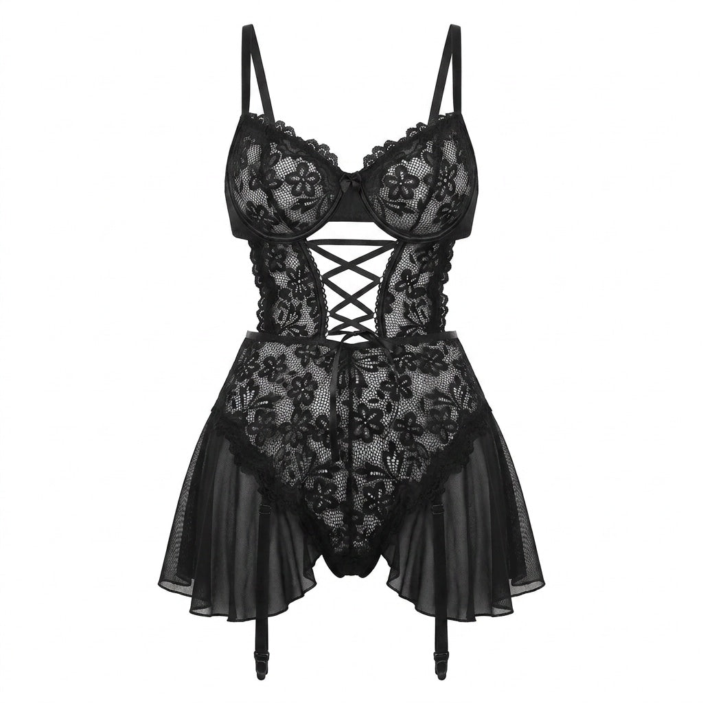 Crotchless Garter Lace Bustier Bodysuit