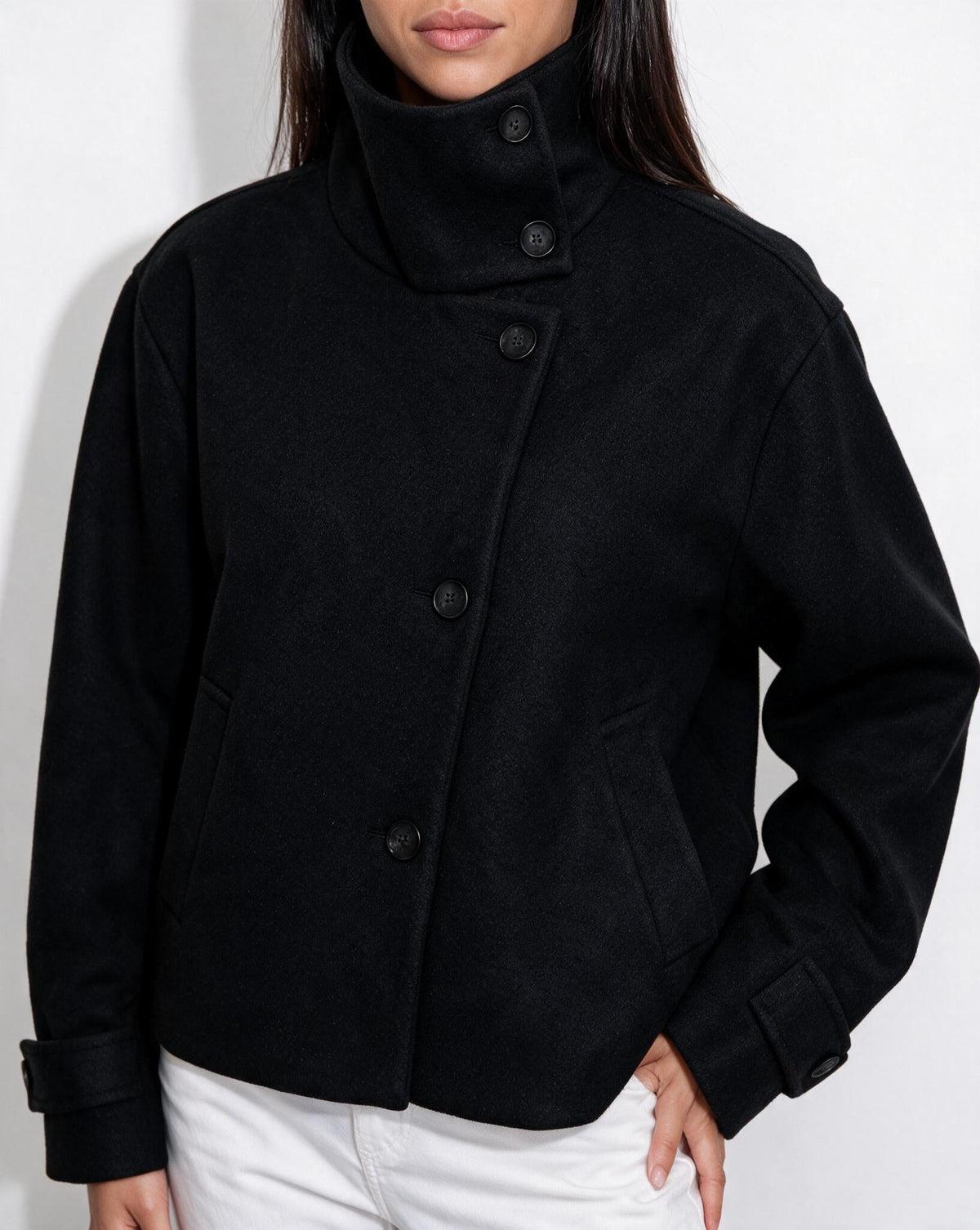Asymmetric Cropped Funnel Collar Jacket