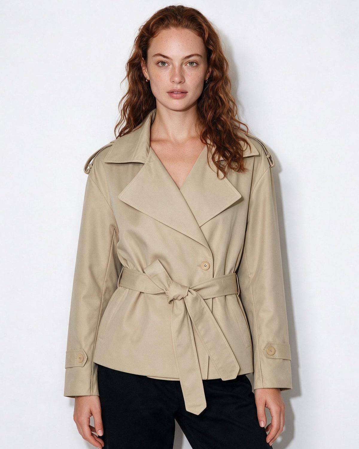 Cropped Double-Breasted Belted Trench Jacket