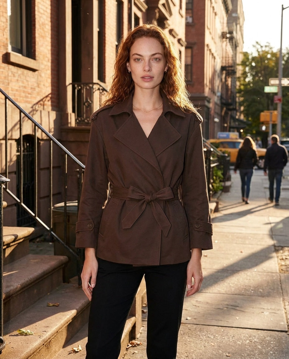 Cropped Double-Breasted Belted Trench Jacket