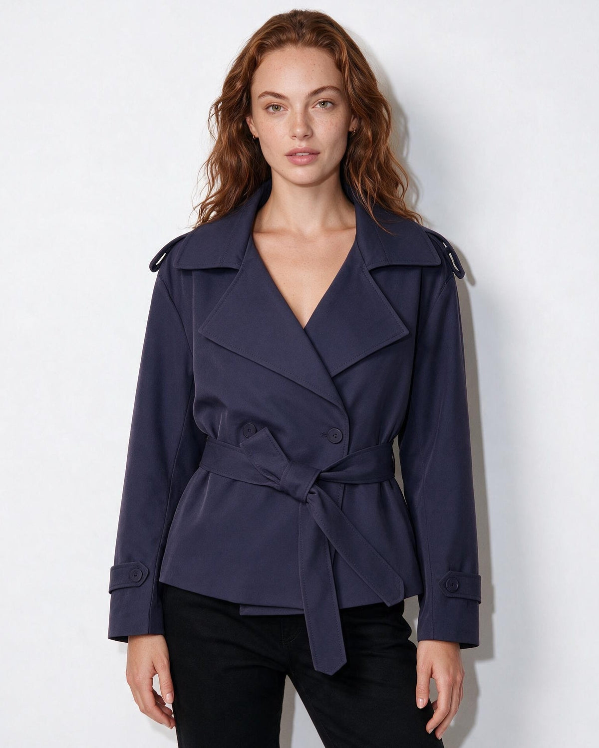 Cropped Double-Breasted Belted Trench Jacket