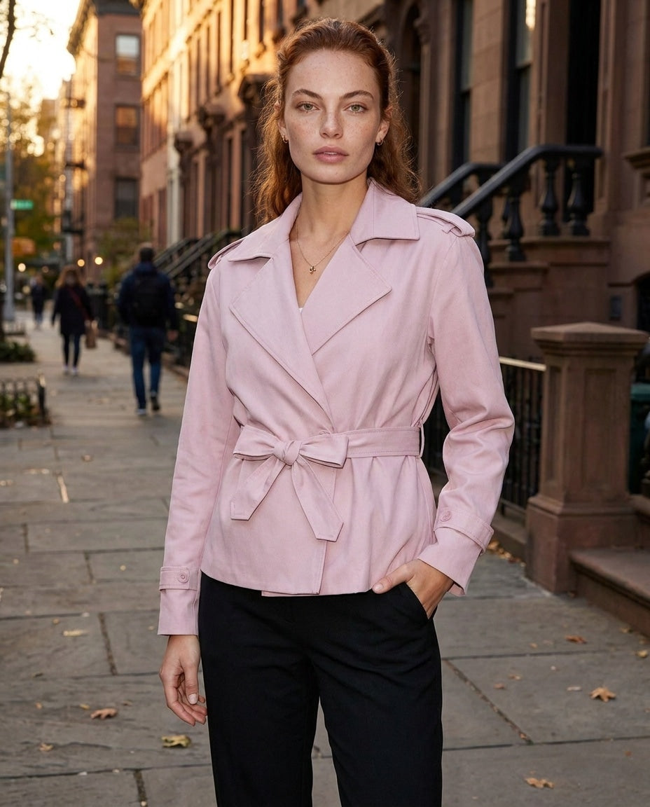 Cropped Double-Breasted Belted Trench Jacket