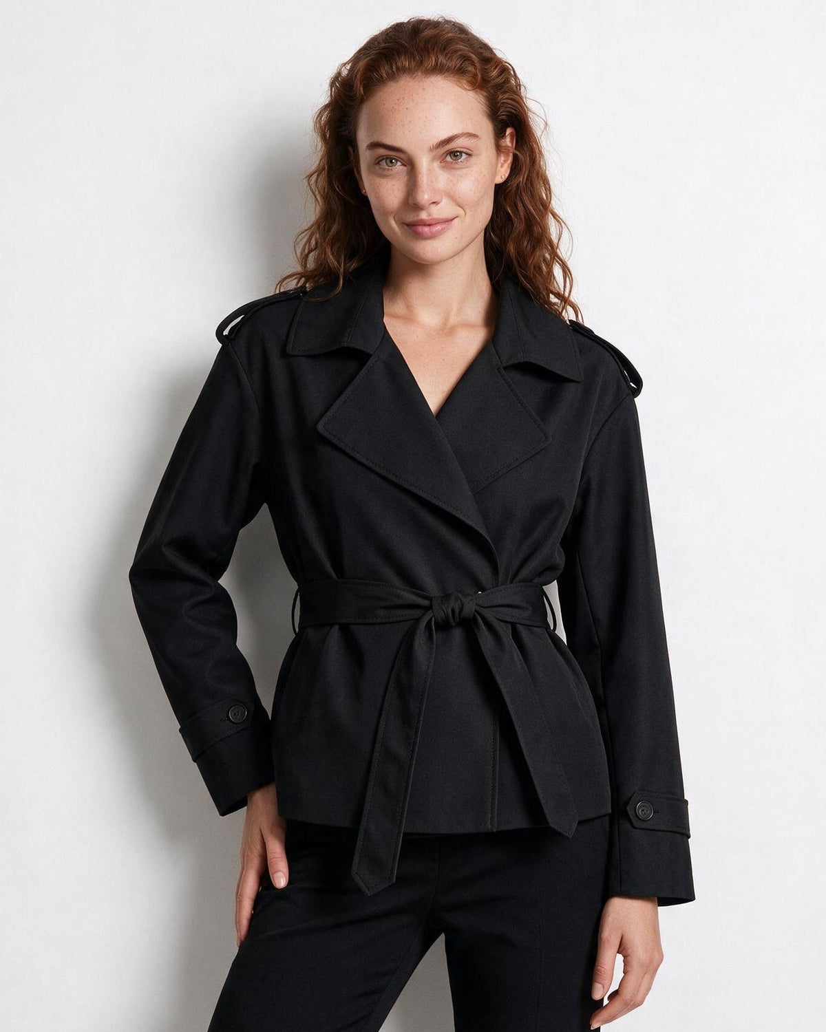 Cropped Double-Breasted Belted Trench Jacket