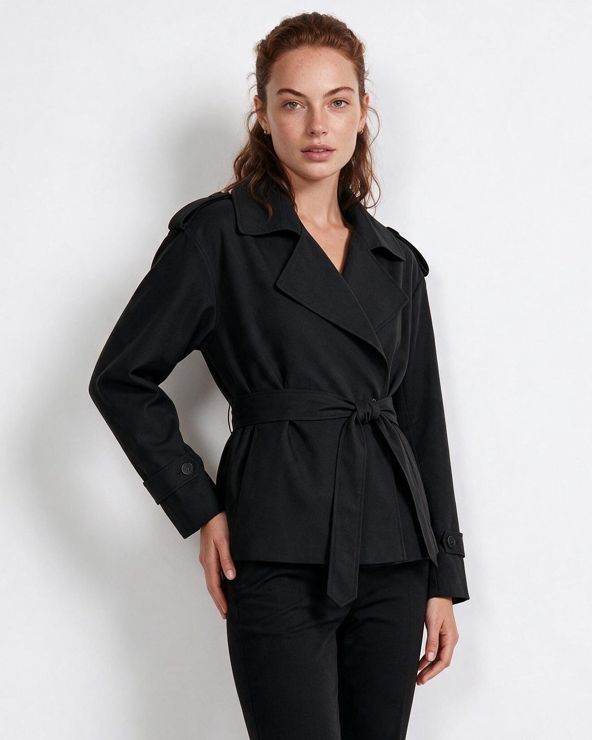 Cropped Double-Breasted Belted Trench Jacket