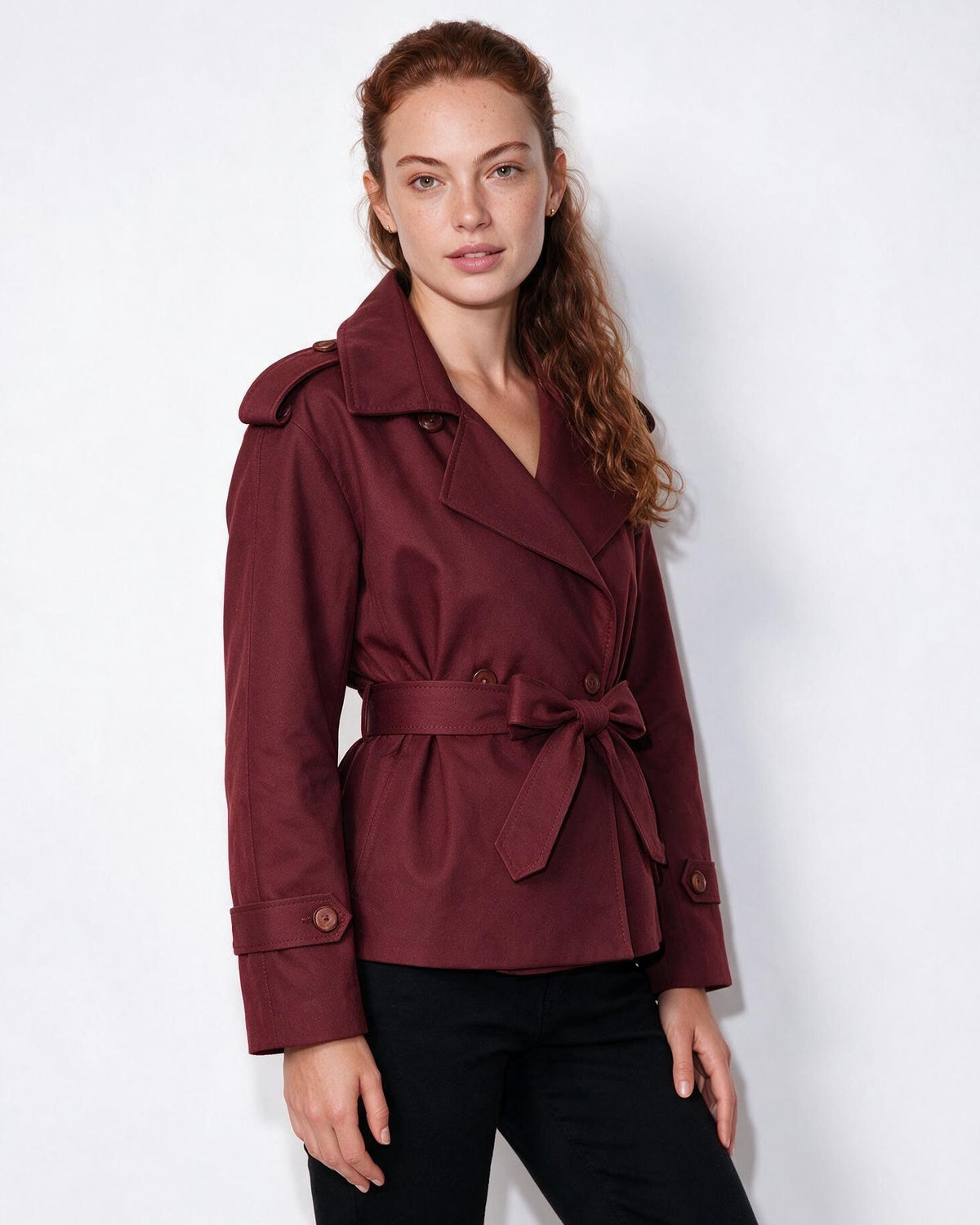 Cropped Double-Breasted Belted Trench Jacket