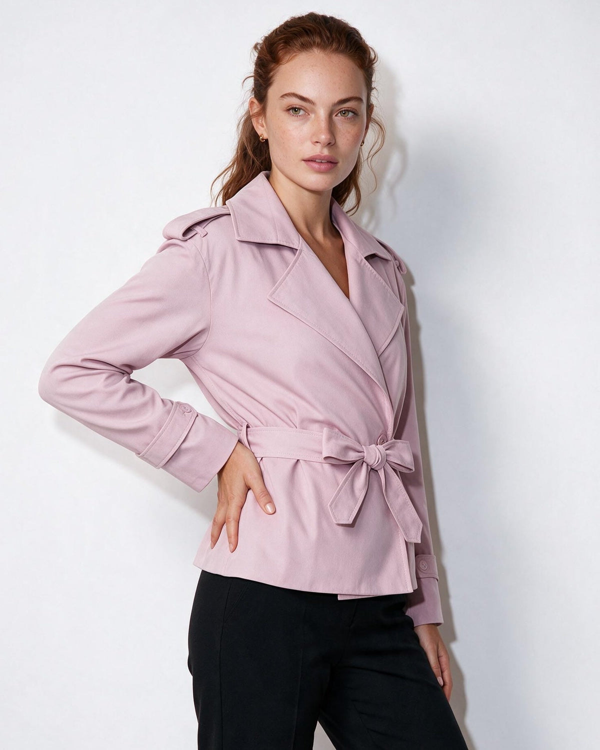 Cropped Double-Breasted Belted Trench Jacket