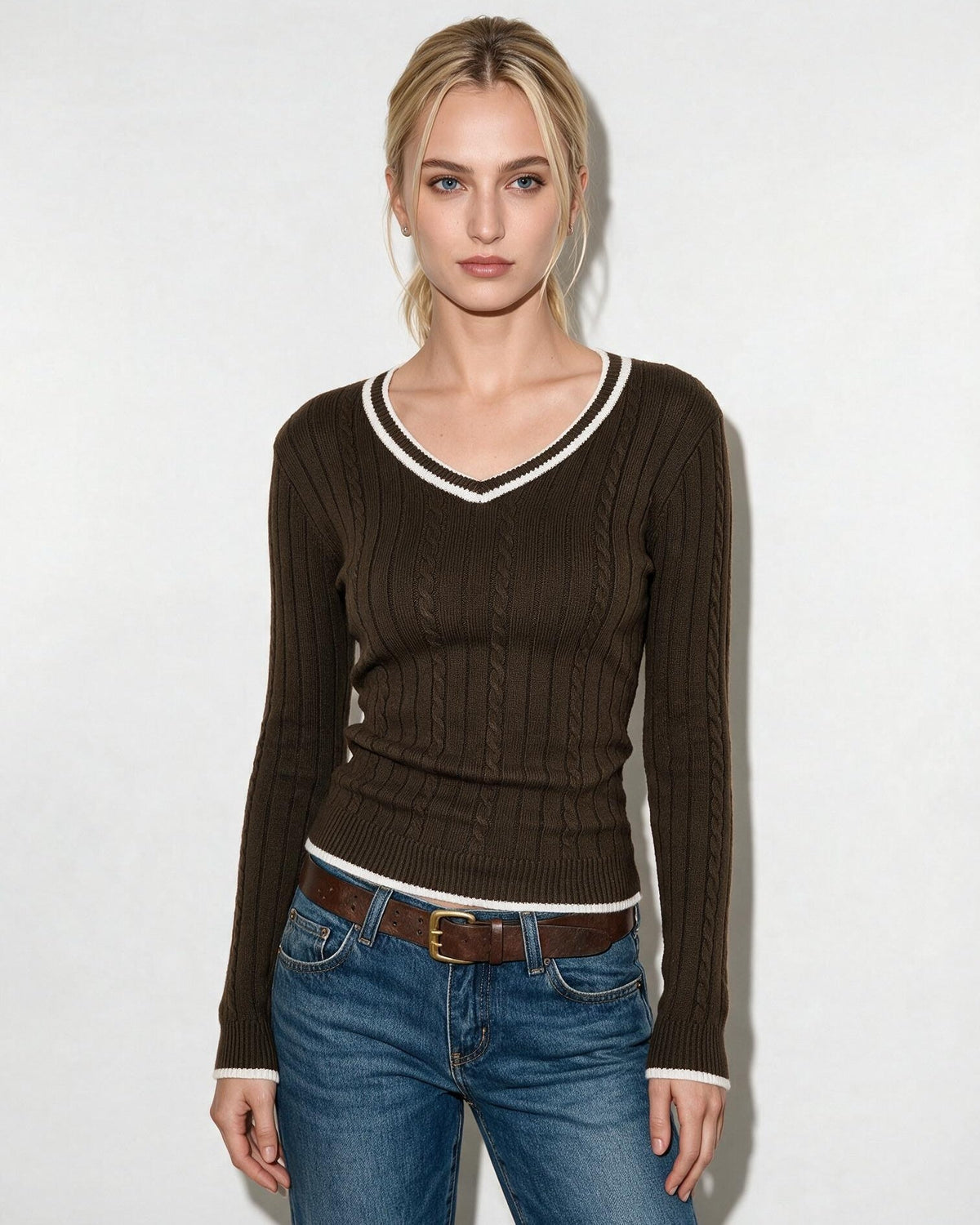 Tipped Cable Knit V-Neck Jumper