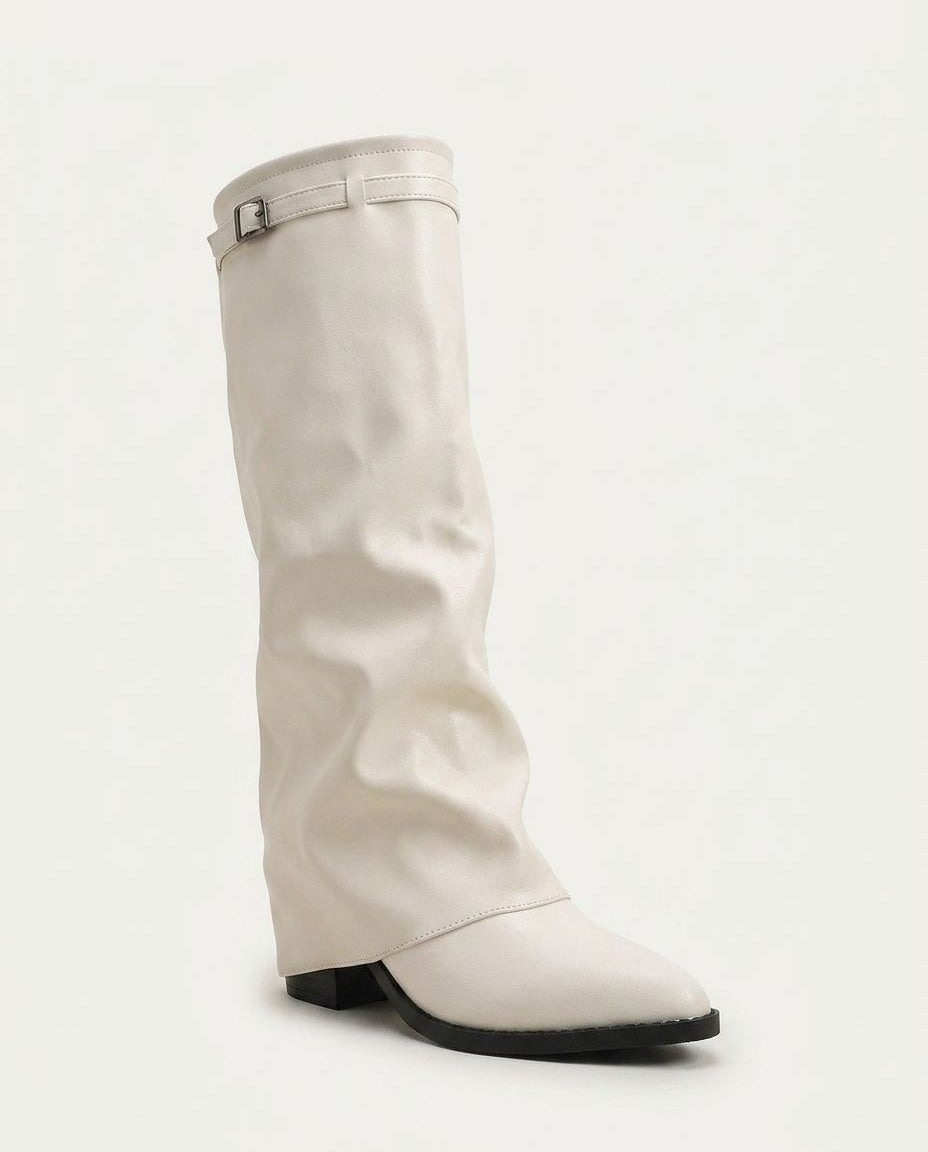 Fold-Over Cuff Buckle Strap Knee-High Boots