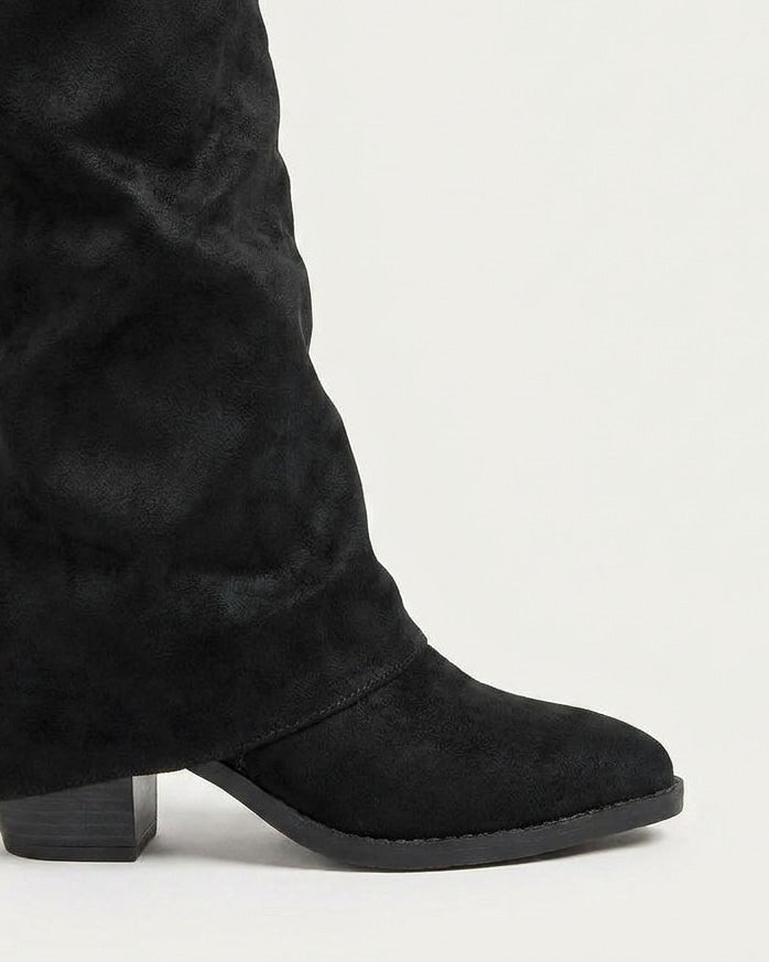 Stacked Heel Fold-Over Knee-High Boots