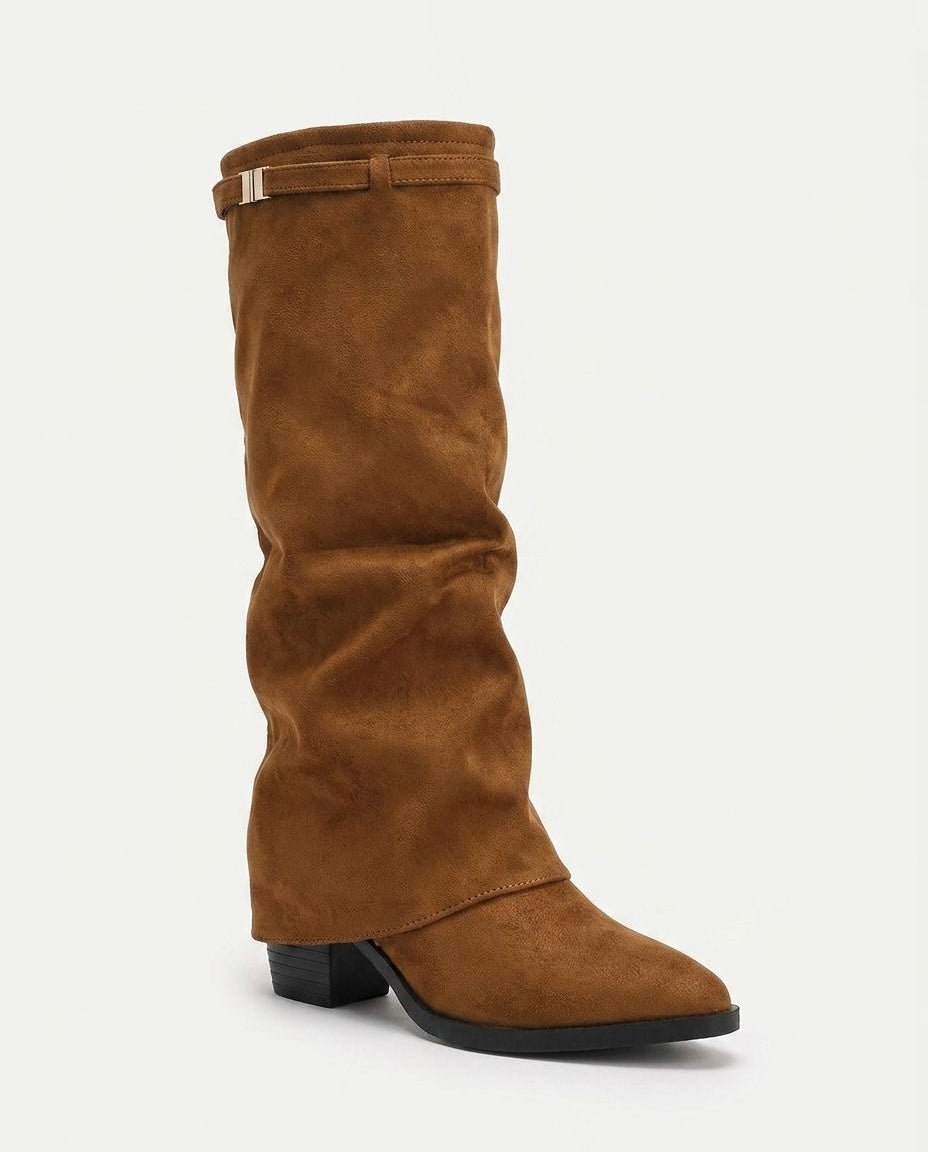 Stacked Heel Fold-Over Knee-High Boots