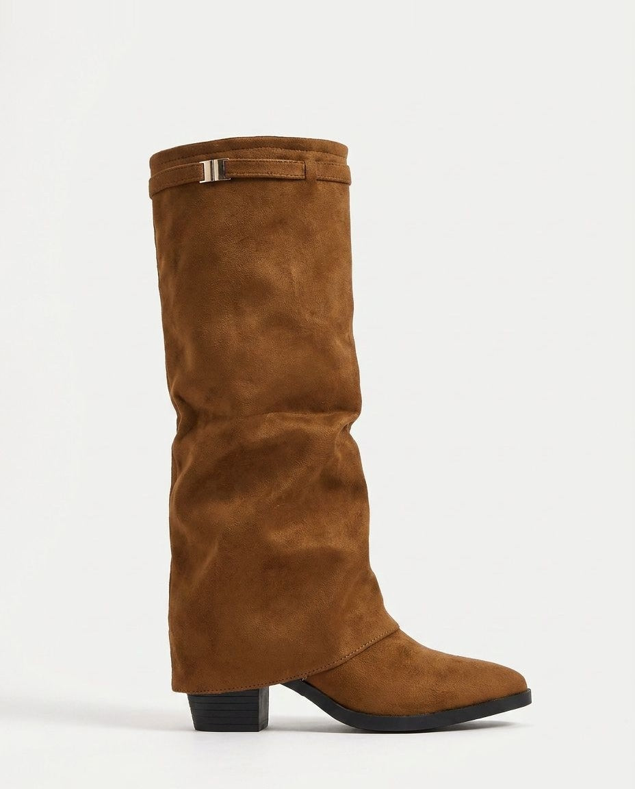Stacked Heel Fold-Over Knee-High Boots