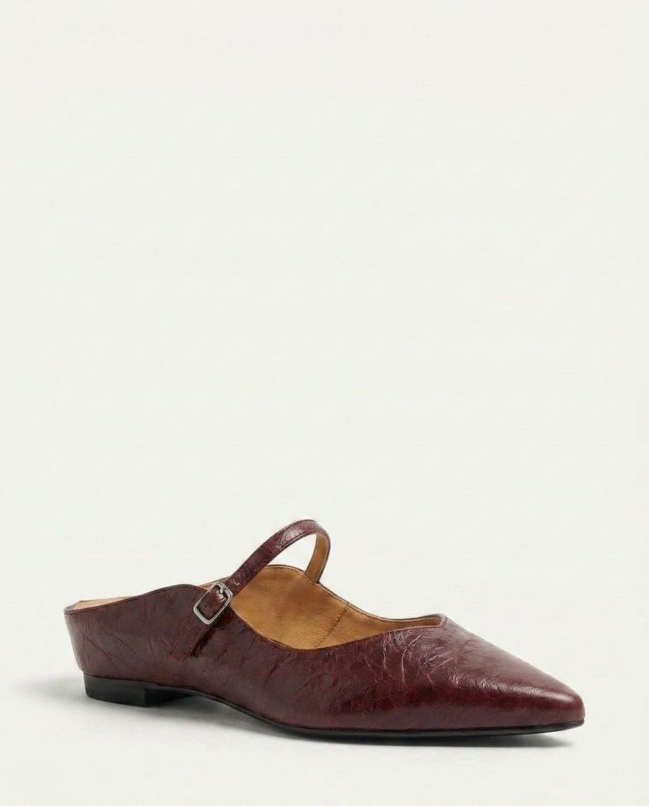 Leather Buckle Strap Mule Flats