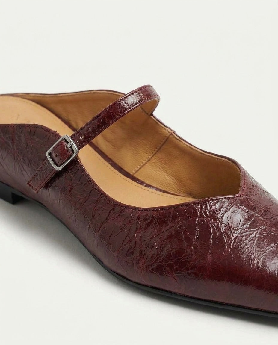 Leather Buckle Strap Mule Flats
