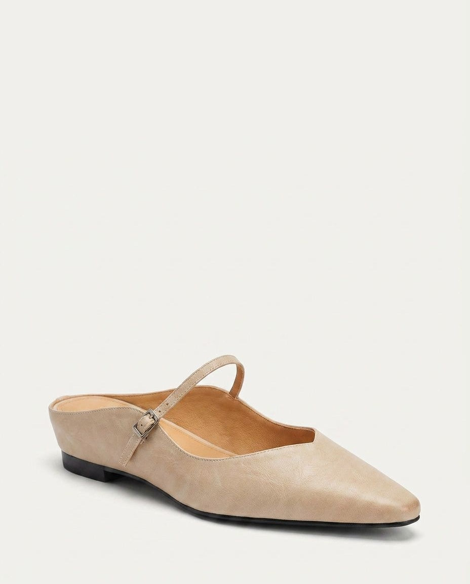 Leather Buckle Strap Mule Flats