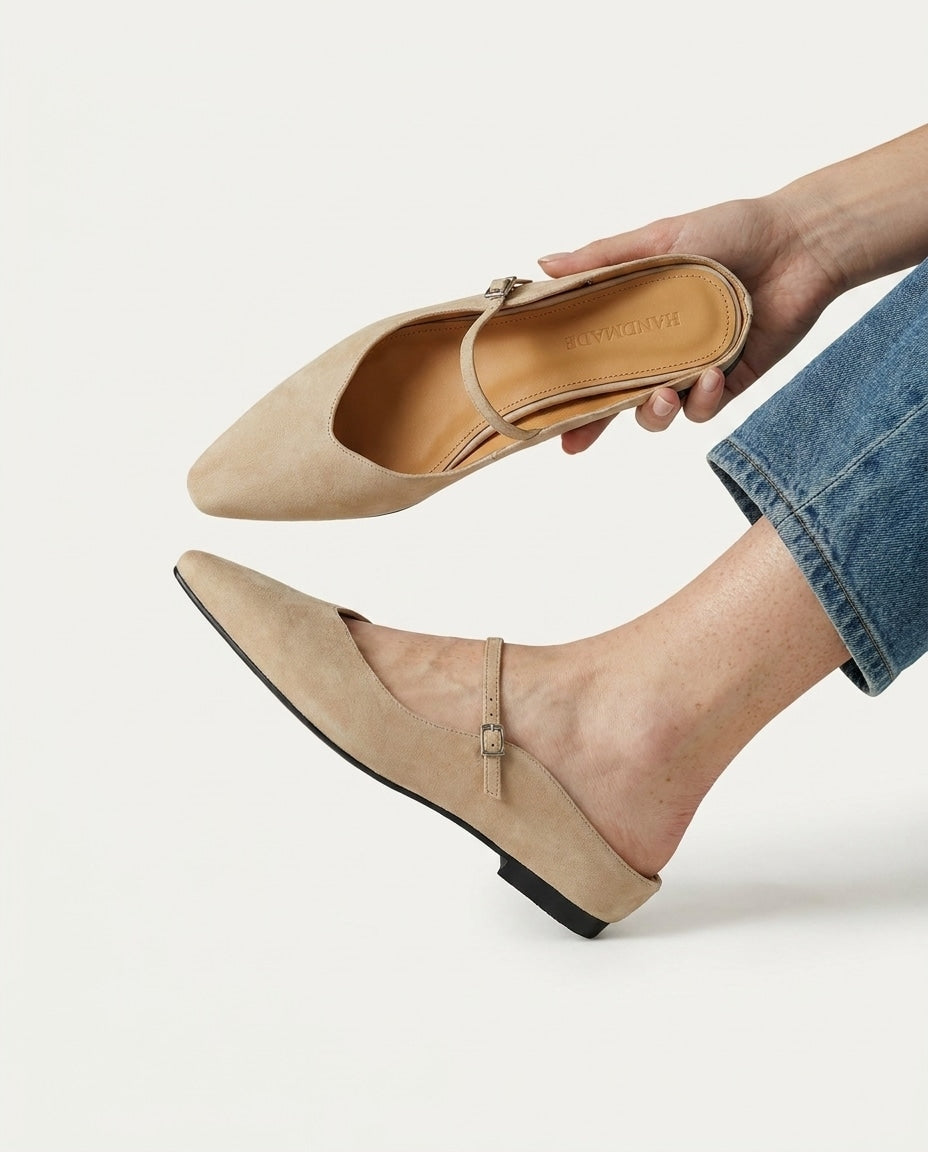 Leather Buckle Strap Mule Flats