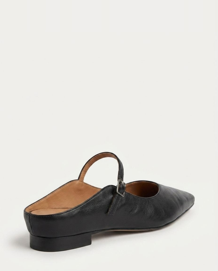 Leather Buckle Strap Mule Flats