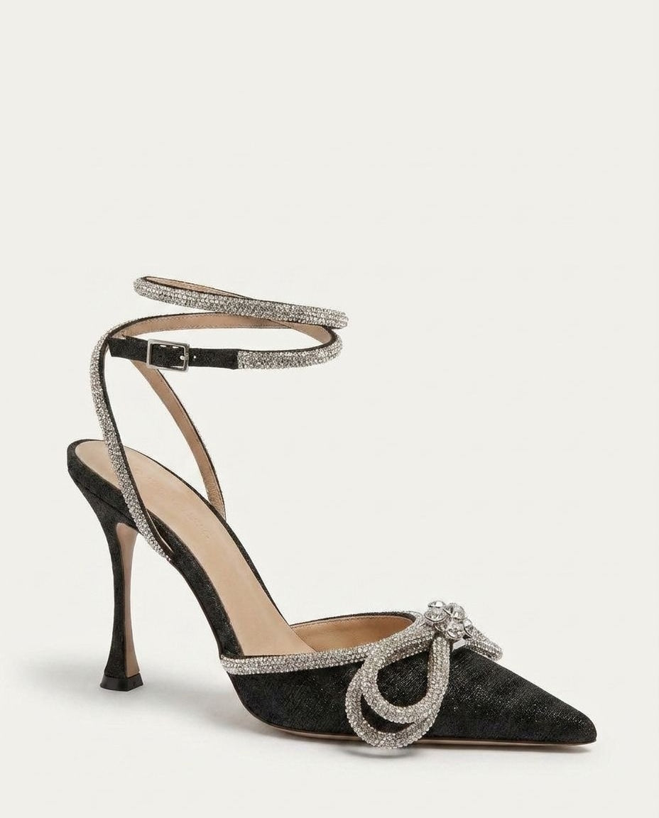 Crystal Bow Ankle-Strap Pointed-Toe Heels