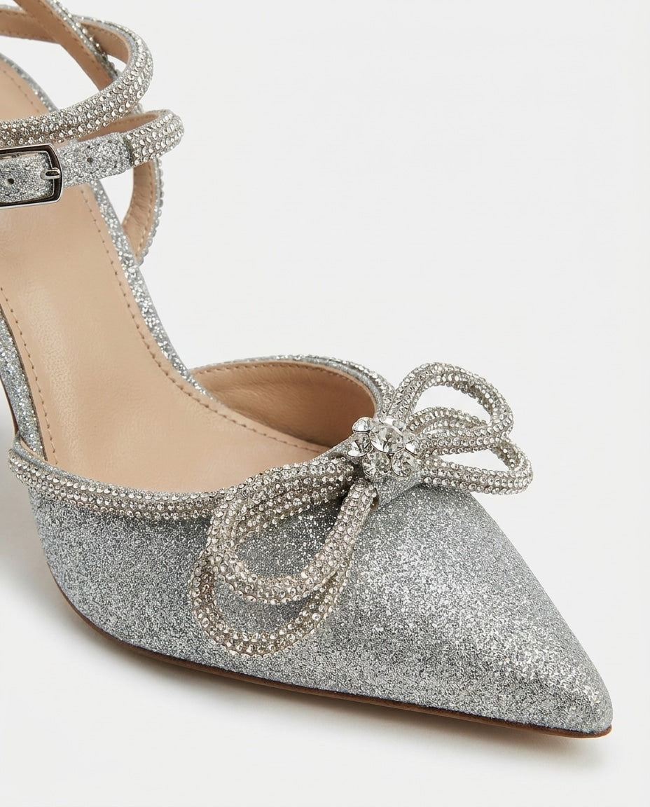 Crystal Bow Ankle-Strap Pointed-Toe Heels