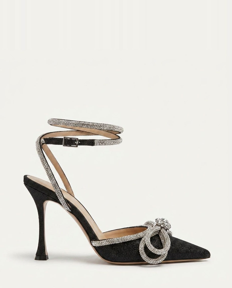 Crystal Bow Ankle-Strap Pointed-Toe Heels