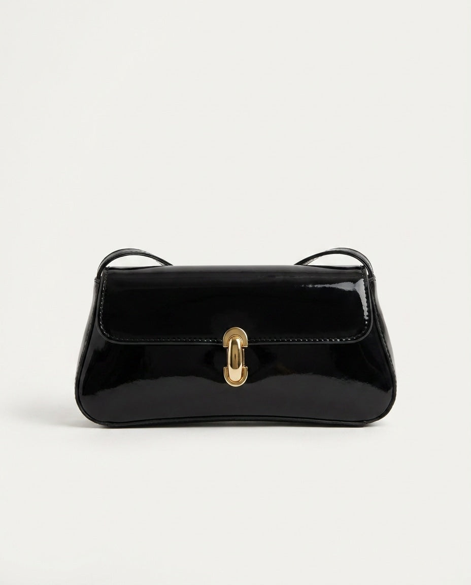 Patent Turn-Lock Baguette Shoulder Bag