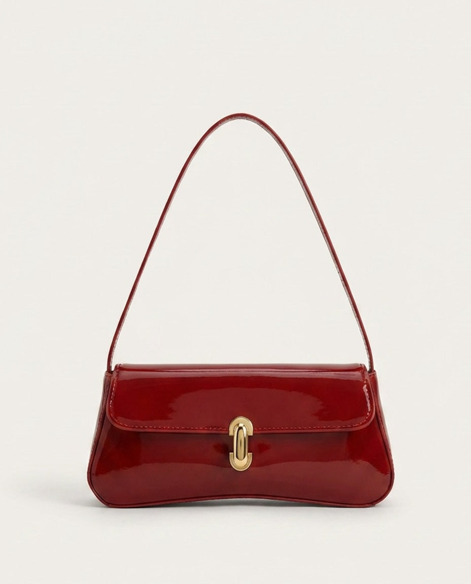 Patent Turn-Lock Baguette Shoulder Bag