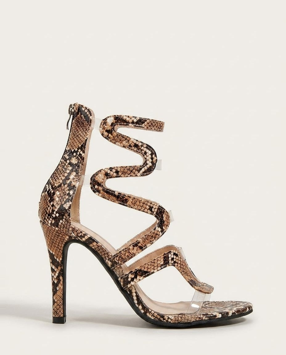 Wavy Strap Snake Print Sandal Heels