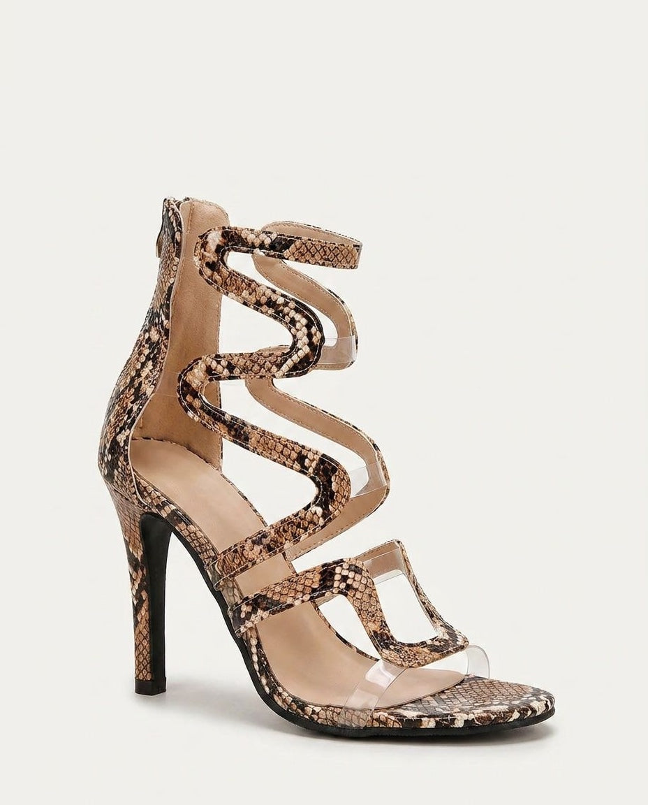 Wavy Strap Snake Print Sandal Heels