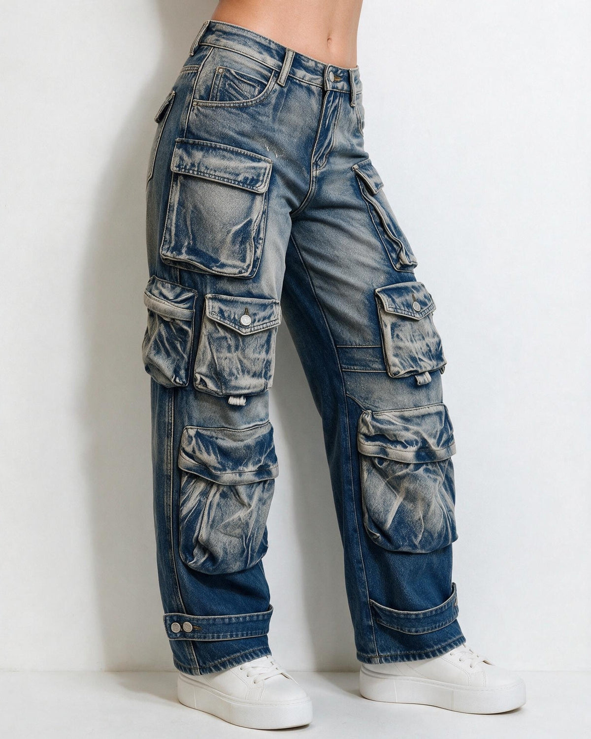 Cotton Denim Wide-Leg Cargo Jeans