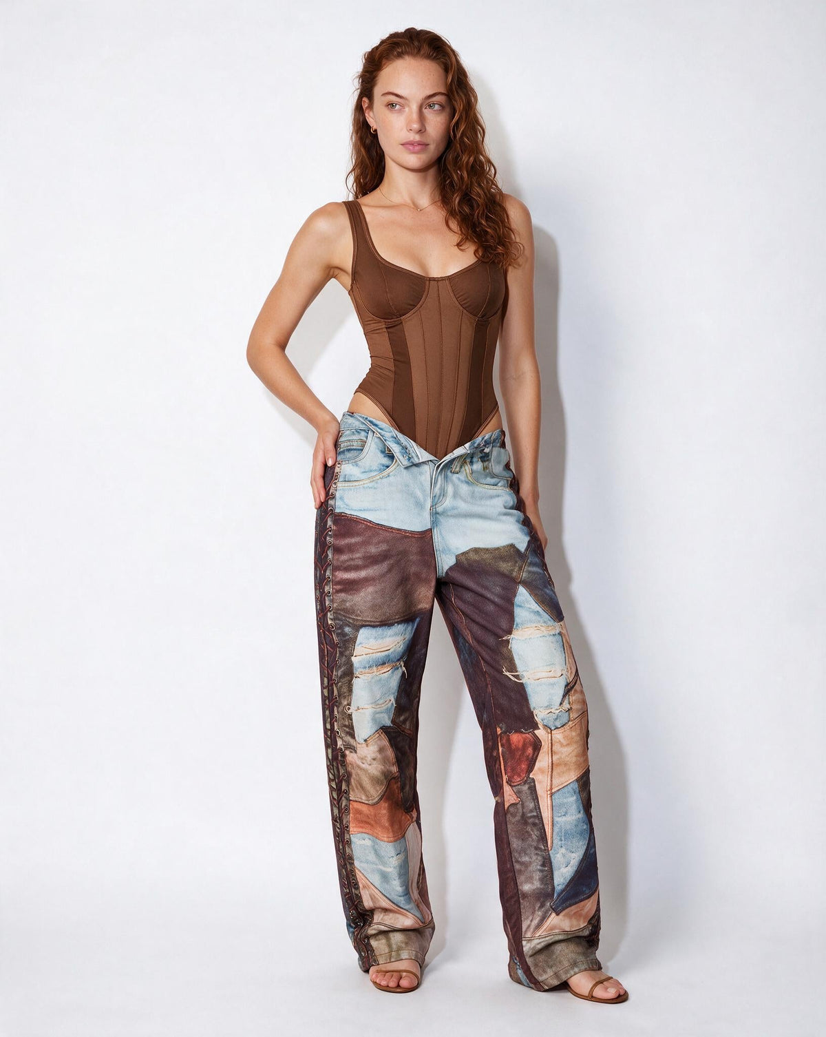 Cotton Patchwork Print Wide Leg Trousers