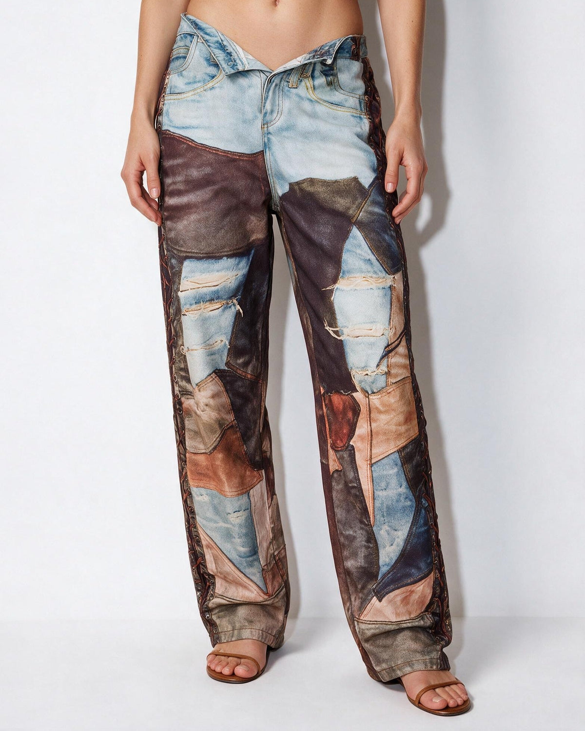 Cotton Patchwork Print Wide Leg Trousers
