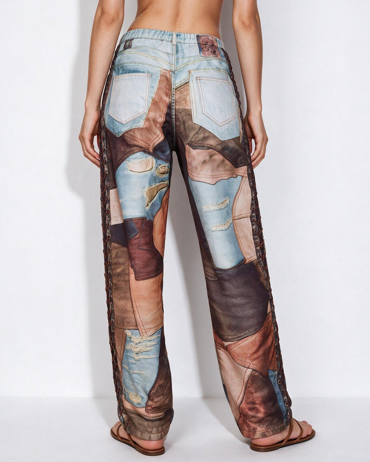 Cotton Patchwork Print Wide Leg Trousers
