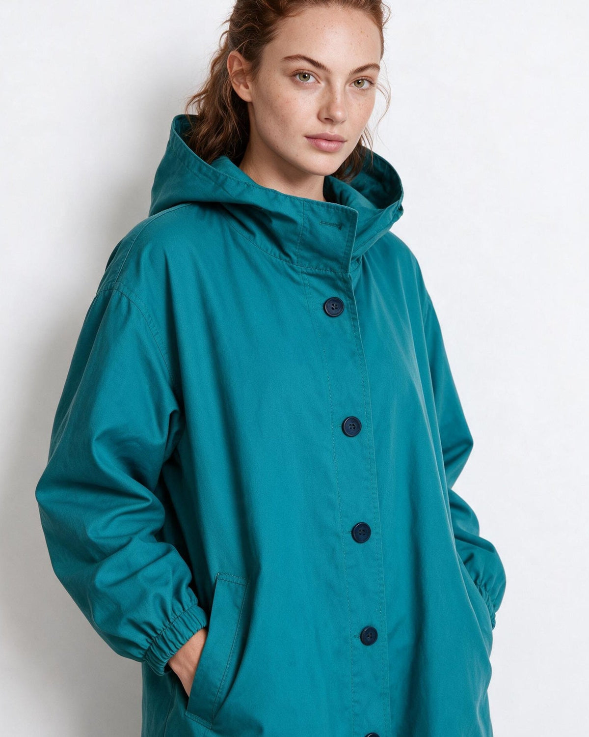 Cotton Hooded Button-Front Longline Coat