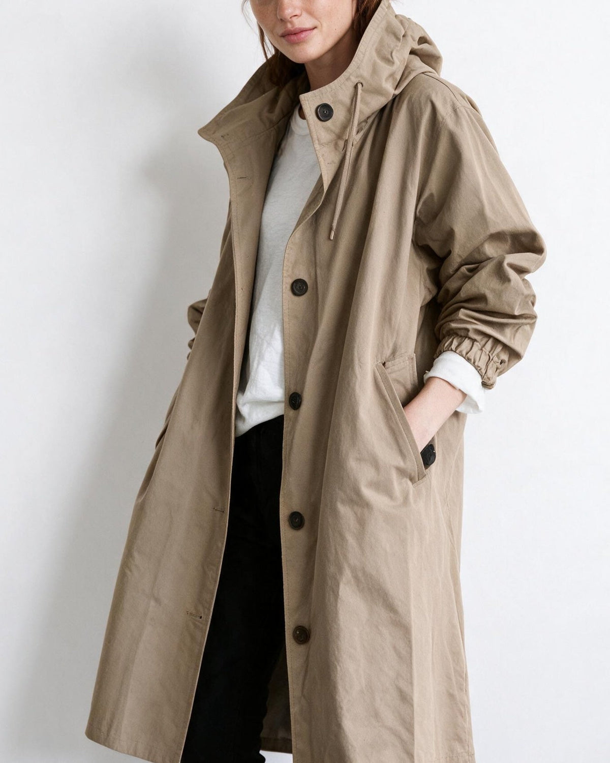 Cotton Hooded Button-Front Longline Coat