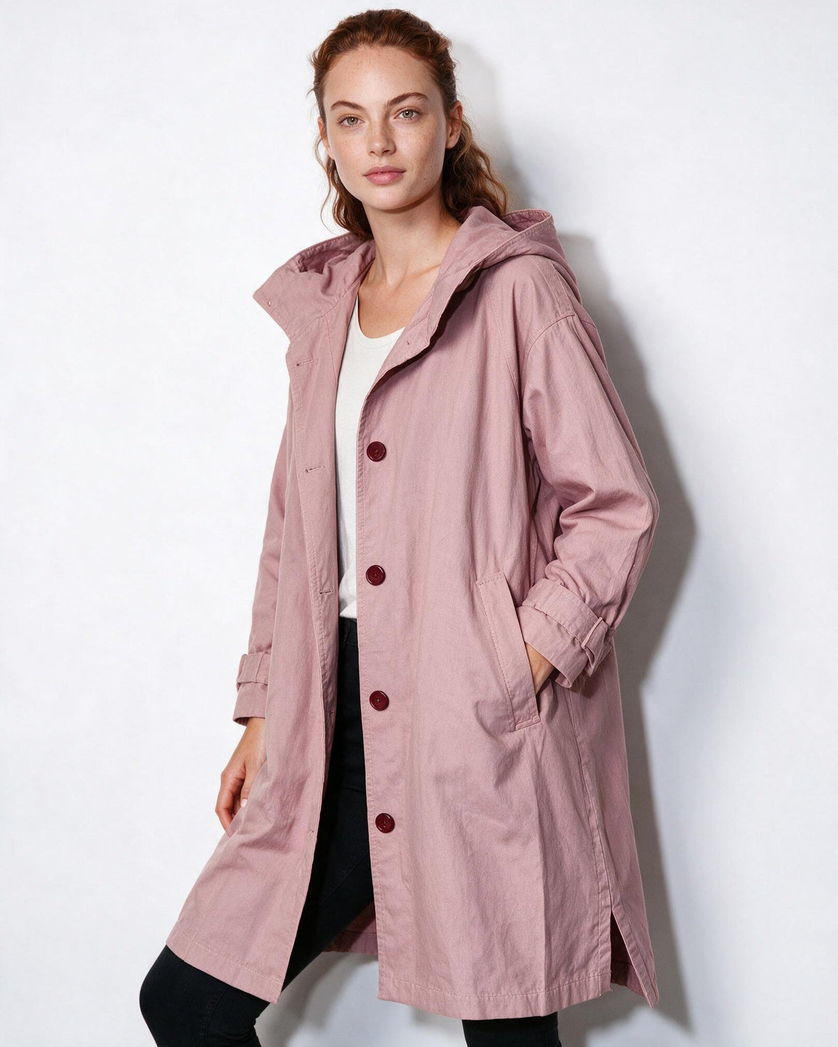 Cotton Hooded Button-Front Longline Coat