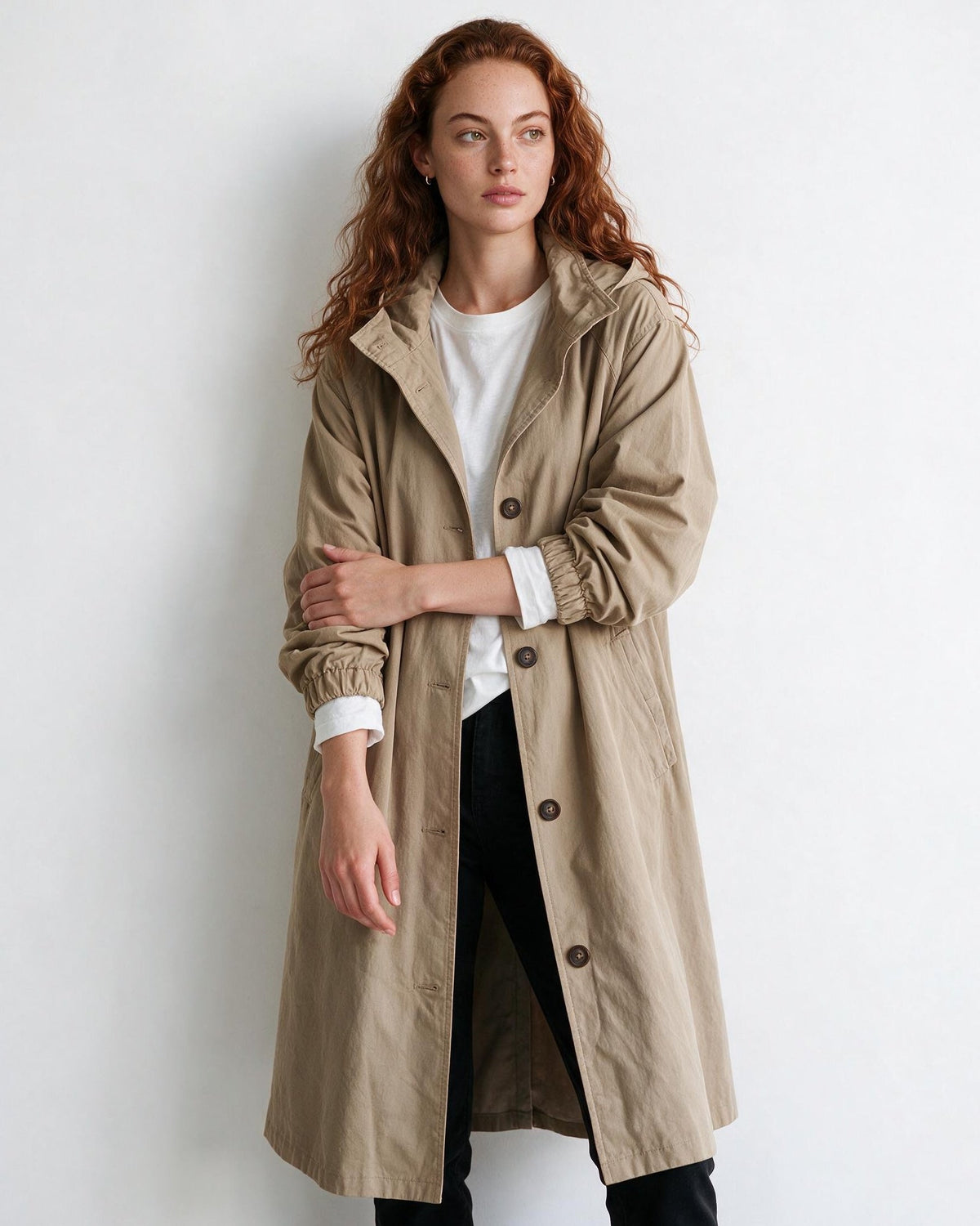 Cotton Hooded Button-Front Longline Coat
