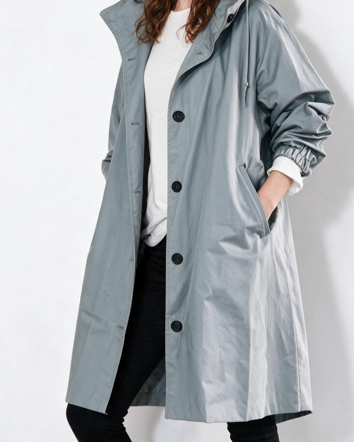 Cotton Hooded Button-Front Longline Coat