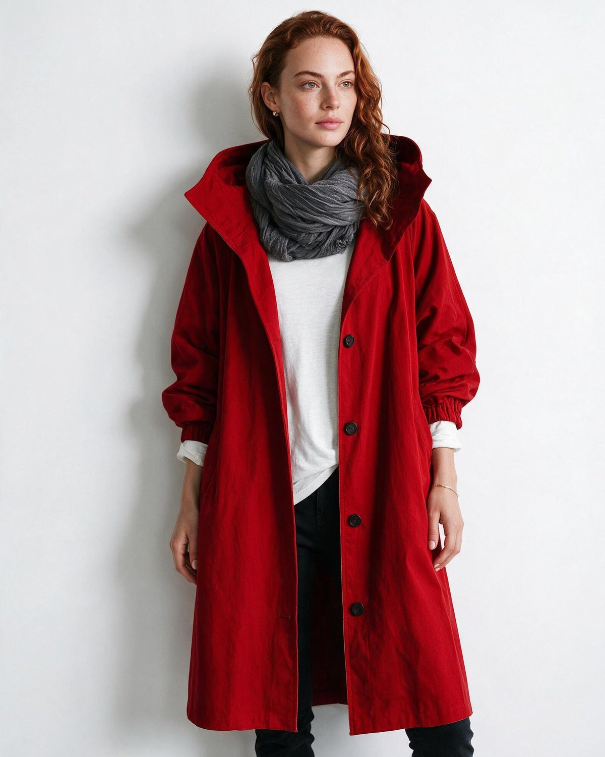 Cotton Hooded Button-Front Longline Coat