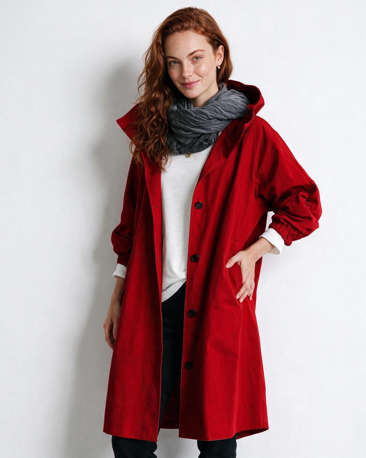Cotton Hooded Button-Front Longline Coat