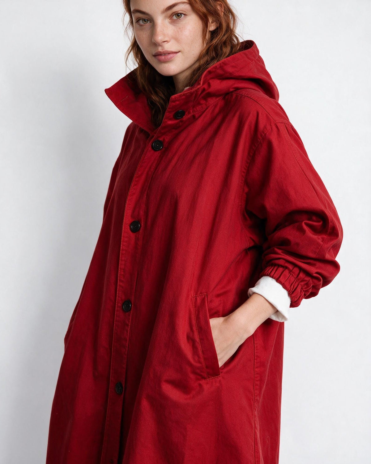 Cotton Hooded Button-Front Longline Coat